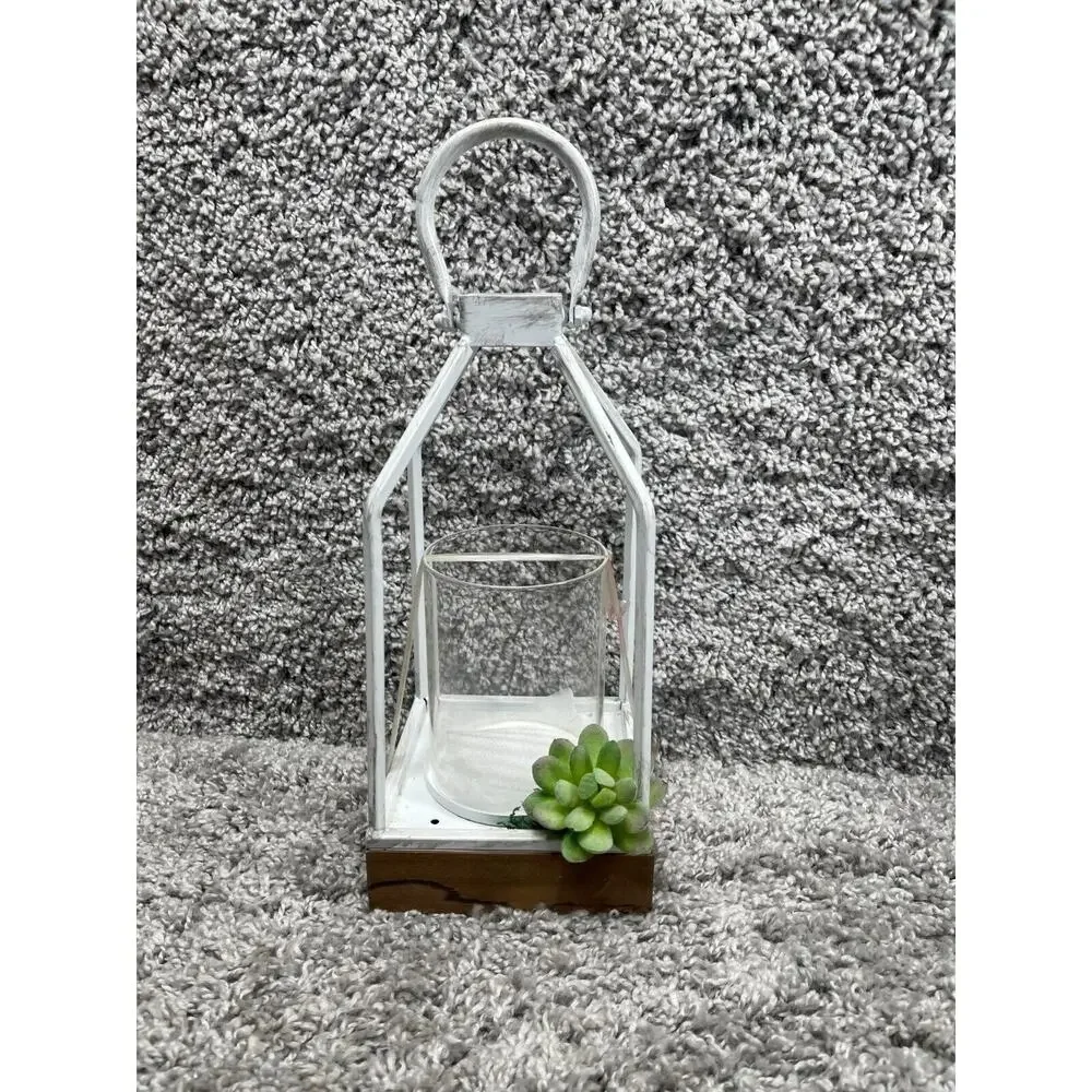 White Carriage Lantern Clear Cylinder Glass Center Candle Holder 14.5